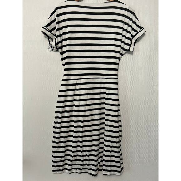 Chaps Black White Striped Midi Dress Stretchy Faux Wrap Lined Knee Length Small - Picture 9 of 11